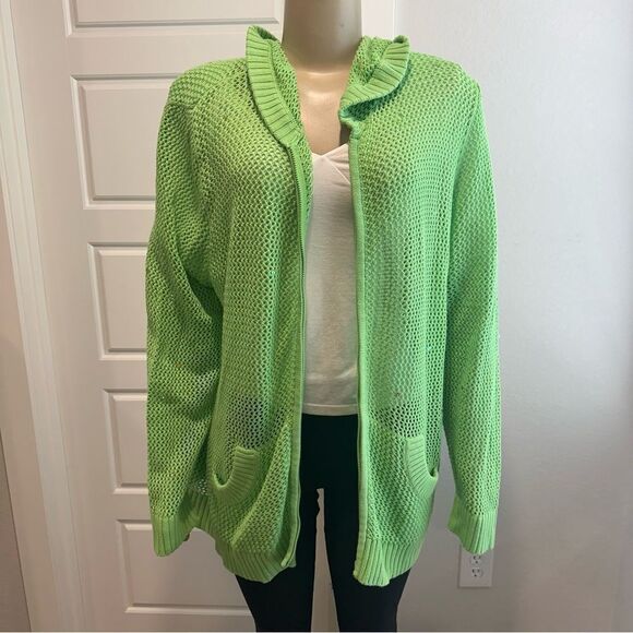 Quaker Factory  3X Lime Green Open-Knit Zip Cardigan Sweater Jacket Sequins Hood - Picture 1 of 9